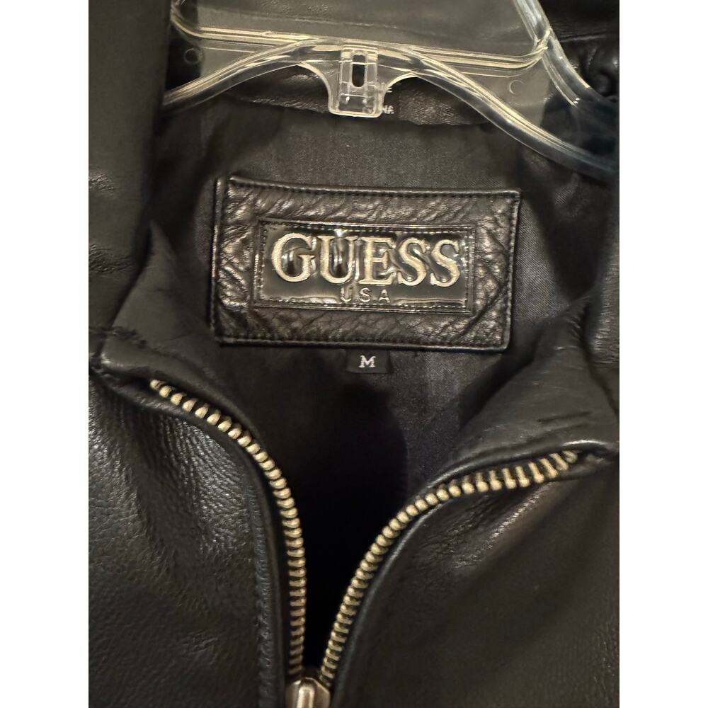 Vintage GUESS Black Leather Full-Zip Moto Biker Jacket Size M - Picture 3 of 7